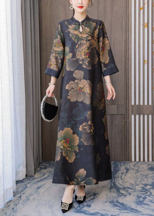 Retro Mandarin Collar Print Silk Long Dresses Caftan Spring LY1707 - fabuloryshop