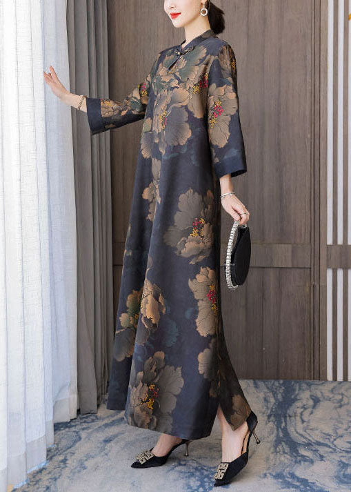 Retro Mandarin Collar Print Silk Long Dresses Caftan Spring LY1707 - fabuloryshop