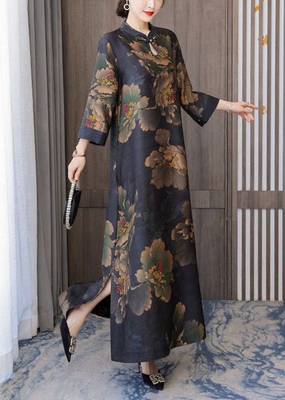 Retro Mandarin Collar Print Silk Long Dresses Caftan Spring LY1707 - fabuloryshop