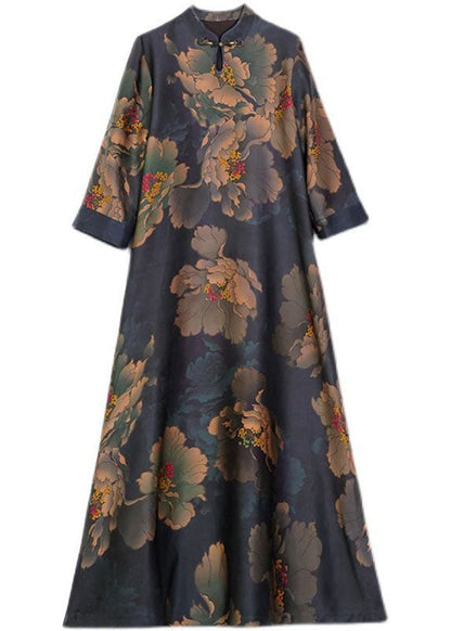 Retro Mandarin Collar Print Silk Long Dresses Caftan Spring LY1707 - fabuloryshop