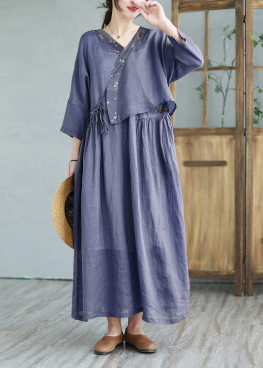Retro Navy V Neck Patchwork Solid Linen Top And Maxi Skirts Two Pieces Set Summer LY2962