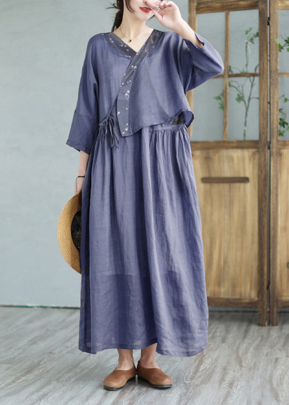 Retro Navy V Neck Patchwork Solid Linen Top And Maxi Skirts Two Pieces Set Summer LY2962 - fabuloryshop