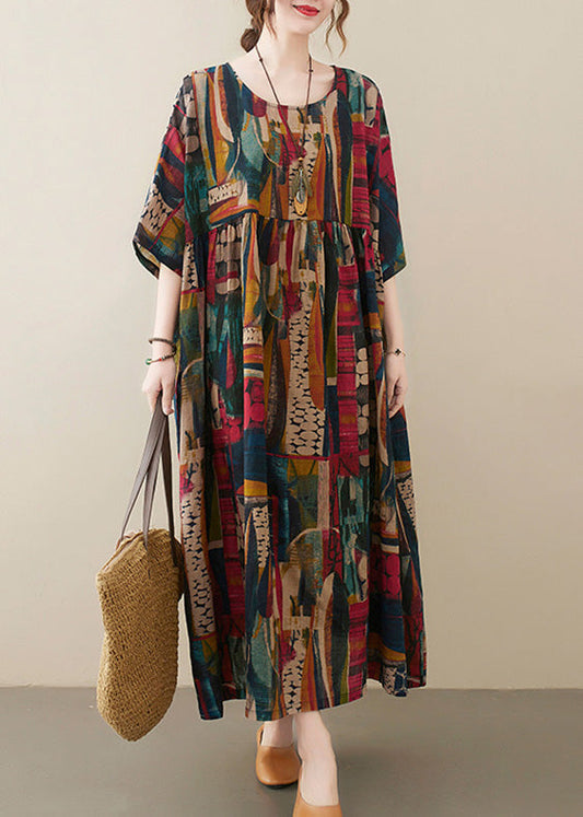 Retro O-Neck Print Party Maxi Dress Half Sleeve LY0635 - fabuloryshop