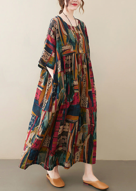 Retro O-Neck Print Party Maxi Dress Half Sleeve LY0635 - fabuloryshop