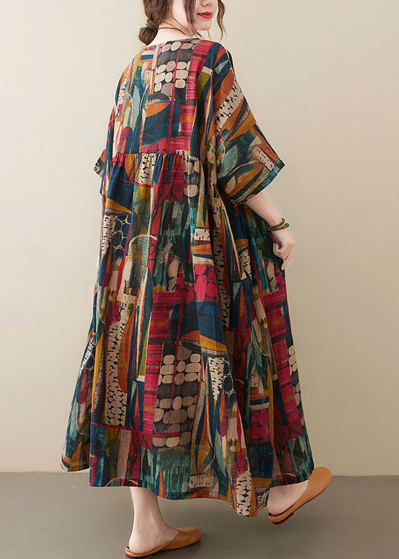 Retro O-Neck Print Party Maxi Dress Half Sleeve LY0635