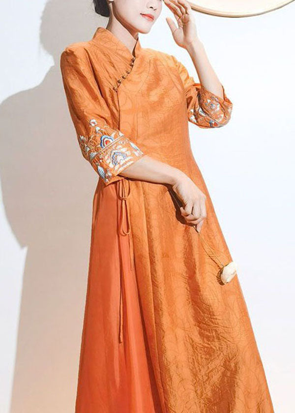 Retro Orange Embroideried Lace Up Patchwork Silk Dresses Summer LY1723 - fabuloryshop