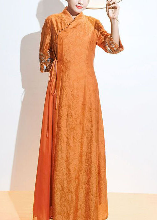 Retro Orange Embroideried Lace Up Patchwork Silk Dresses Summer LY1723 - fabuloryshop