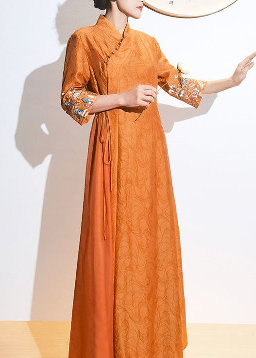 Retro Orange Embroideried Lace Up Patchwork Silk Dresses Summer LY1723 - fabuloryshop