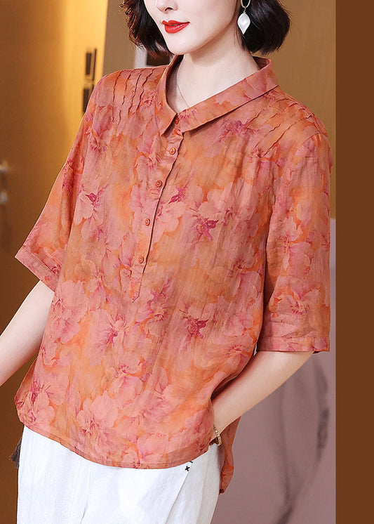 Retro Orange Peter Pan Collar Print Patchwork Linen Top Summer TP1062 - fabuloryshop