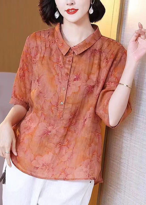 Retro Orange Peter Pan Collar Print Patchwork Linen Top Summer Ada Fashion