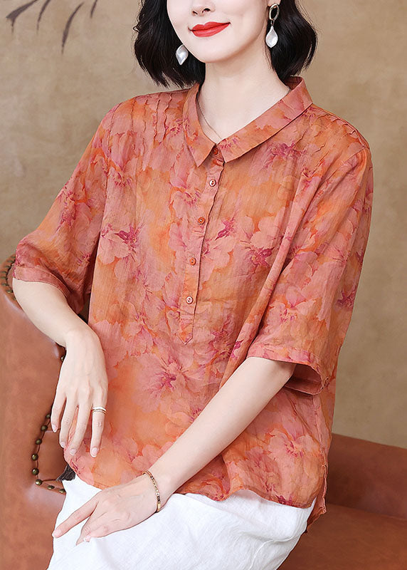 Retro Orange Peter Pan Collar Print Patchwork Linen Top Summer Ada Fashion