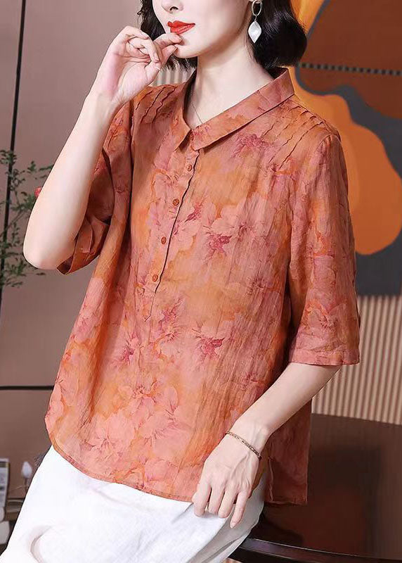 Retro Orange Peter Pan Collar Print Patchwork Linen Top Summer Ada Fashion