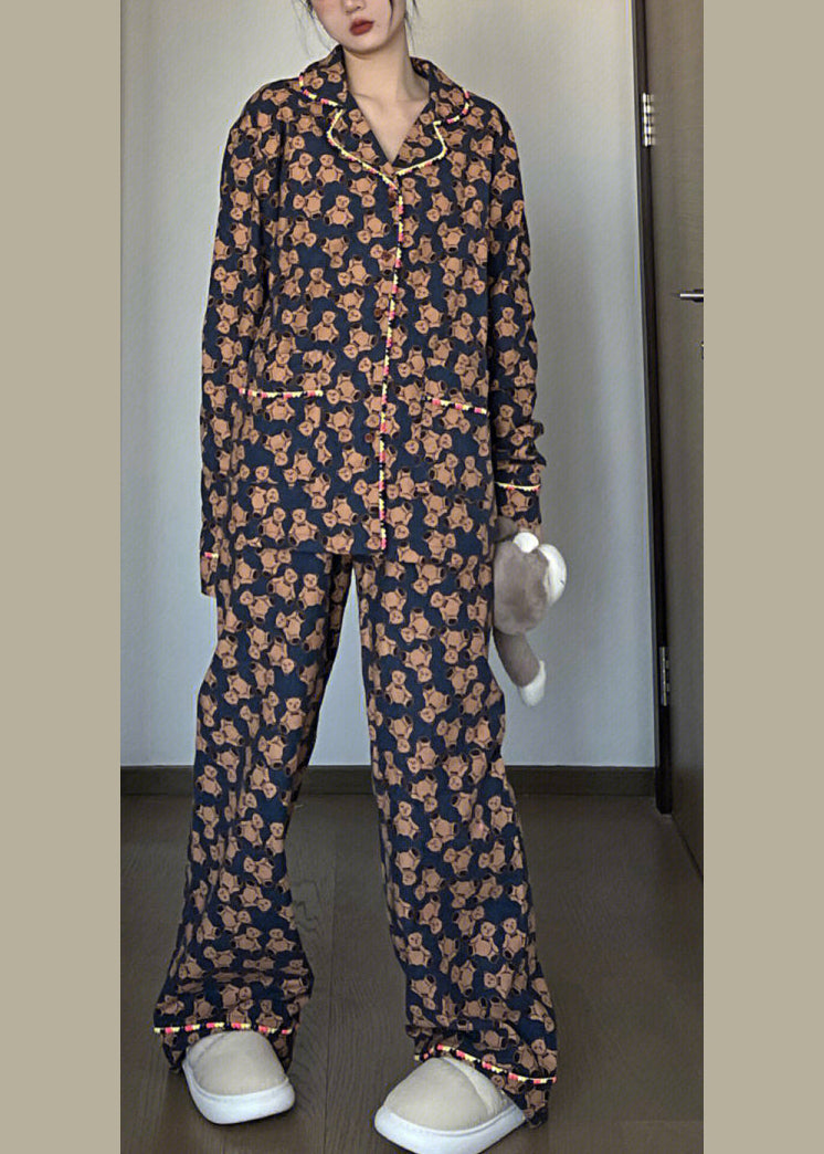 Retro Peter Pan Collar Print Button Pajamas Two Piece Set Spring LY1969 - fabuloryshop