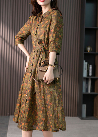 Retro Peter Pan Collar Print Button Slim Linen Maxi Dress Half Sleeve LY1735 - fabuloryshop