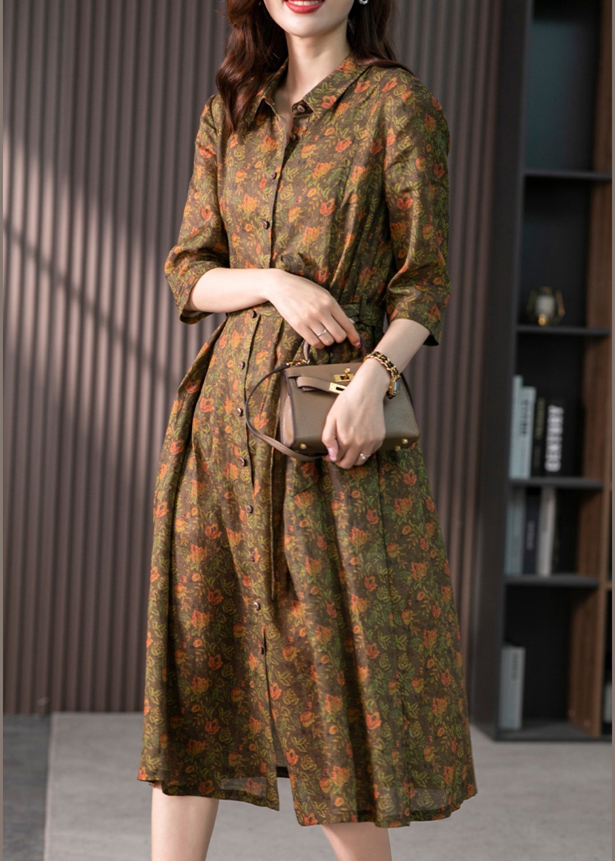 Retro Peter Pan Collar Print Button Slim Linen Maxi Dress Half Sleeve LY1735 - fabuloryshop