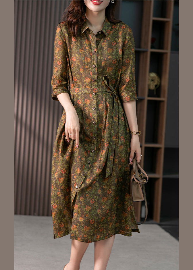 Retro Peter Pan Collar Print Button Slim Linen Maxi Dress Half Sleeve LY1735 - fabuloryshop