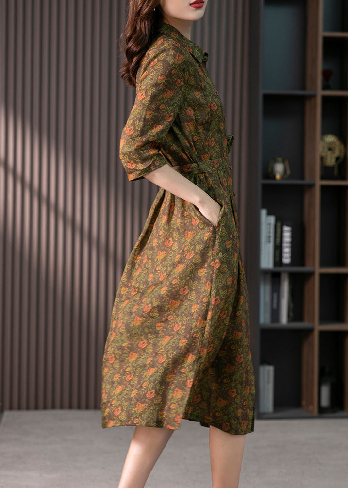 Retro Peter Pan Collar Print Button Slim Linen Maxi Dress Half Sleeve LY1735 - fabuloryshop