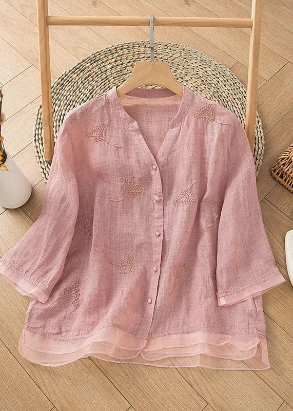 Retro Pink Embroideried Button Patchwork Linen Shirt Top Summer Ada Fashion