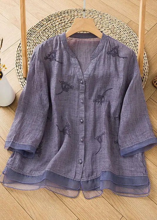 Retro Pink Embroideried Button Patchwork Linen Shirt Top Summer Ada Fashion