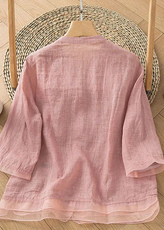 Retro Pink Embroideried Button Patchwork Linen Shirt Top Summer Ada Fashion