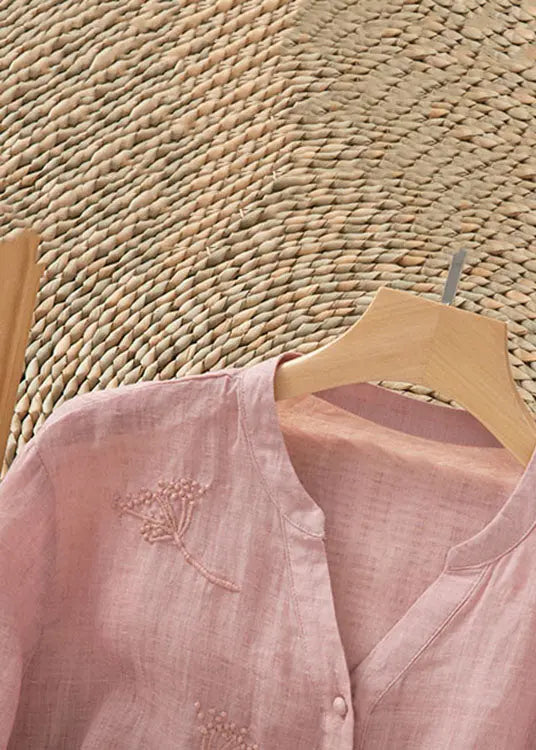 Retro Pink Embroideried Button Patchwork Linen Shirt Top Summer Ada Fashion