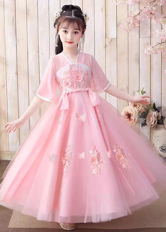 Retro Pink Floral Butterfly Embroideried Patchwork Chiffon Kids Girls Long Dresses Summer LY6476 Ada Fashion