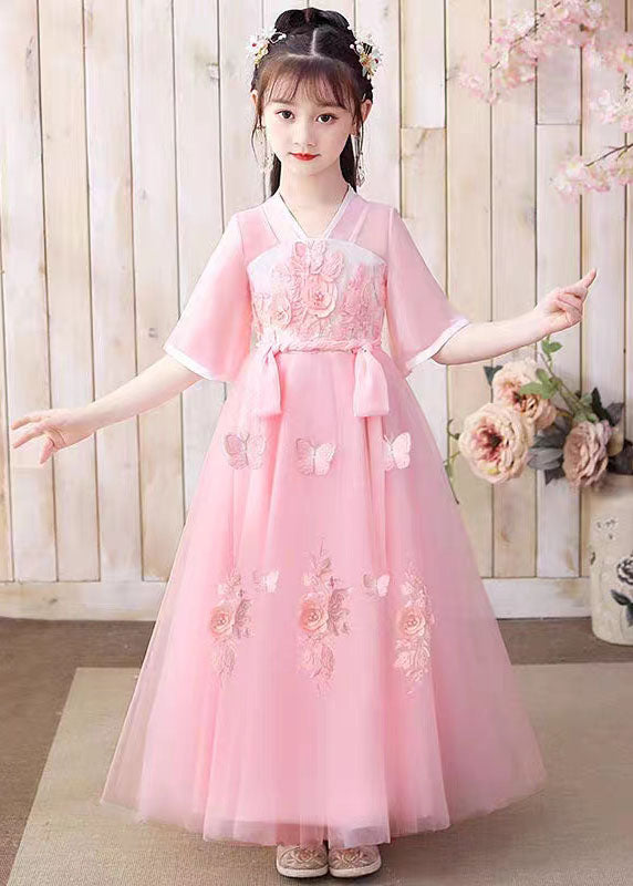 Retro Pink Floral Butterfly Embroideried Patchwork Chiffon Kids Girls Long Dresses Summer LY6476 Ada Fashion