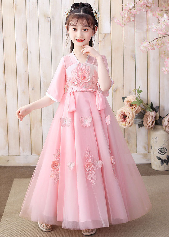 Retro Pink Floral Butterfly Embroideried Patchwork Chiffon Kids Girls Long Dresses Summer LY6476 Ada Fashion