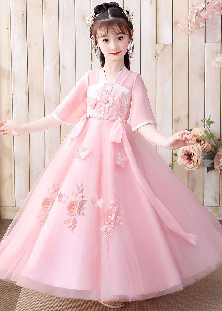 Retro Pink Floral Butterfly Embroideried Patchwork Chiffon Kids Girls Long Dresses Summer LY6476 Ada Fashion