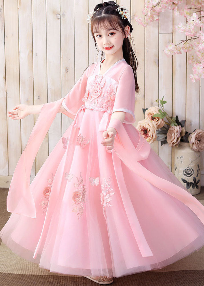 Retro Pink Floral Butterfly Embroideried Patchwork Chiffon Kids Girls Long Dresses Summer LY6476 Ada Fashion