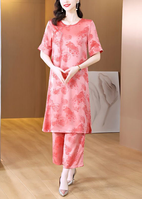 Retro Pink O-Neck Tasseled Jacquard Patchwork Silk Two Pieces Set Summer LY4595 - fabuloryshop