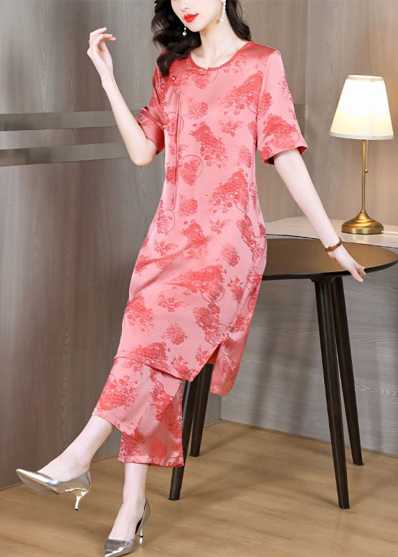 Retro Pink O-Neck Tasseled Jacquard Patchwork Silk Two Pieces Set Summer LY4595 - fabuloryshop
