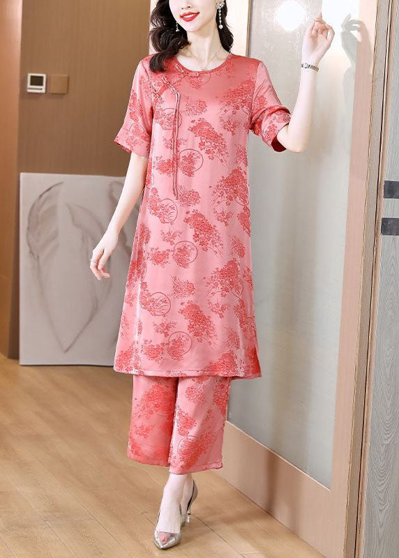 Retro Pink O-Neck Tasseled Jacquard Patchwork Silk Two Pieces Set Summer LY4595 - fabuloryshop