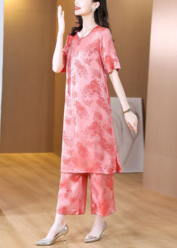 Retro Pink O-Neck Tasseled Jacquard Patchwork Silk Two Pieces Set Summer LY4595 - fabuloryshop