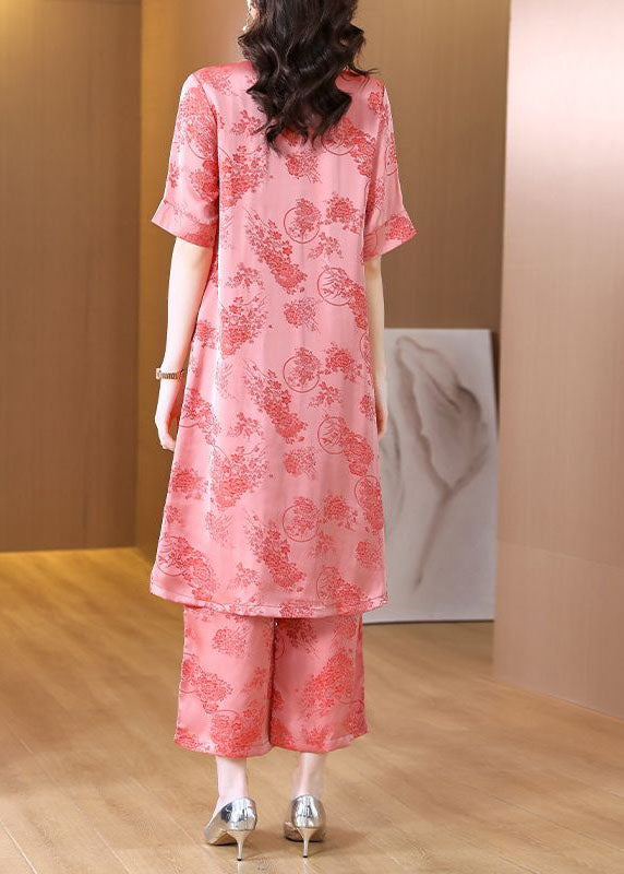 Retro Pink O-Neck Tasseled Jacquard Patchwork Silk Two Pieces Set Summer LY4595 - fabuloryshop