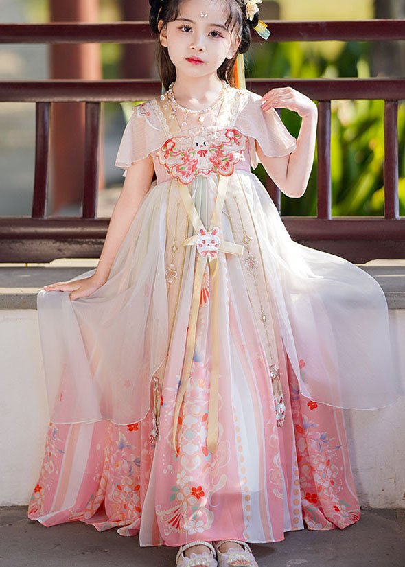 Retro Pink Print Wrinkled Patchwork Chiffon Kids Girls Long Dresses Summer Ada Fashion