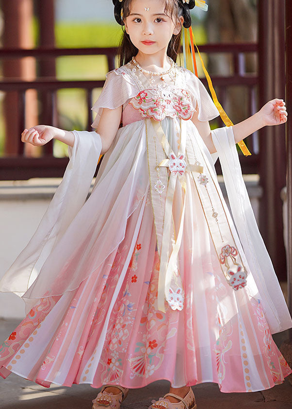 Retro Pink Print Wrinkled Patchwork Chiffon Kids Girls Long Dresses Summer Ada Fashion