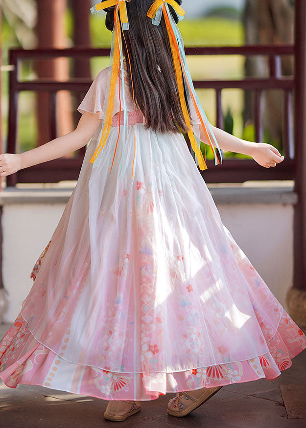 Retro Pink Print Wrinkled Patchwork Chiffon Kids Girls Long Dresses Summer Ada Fashion