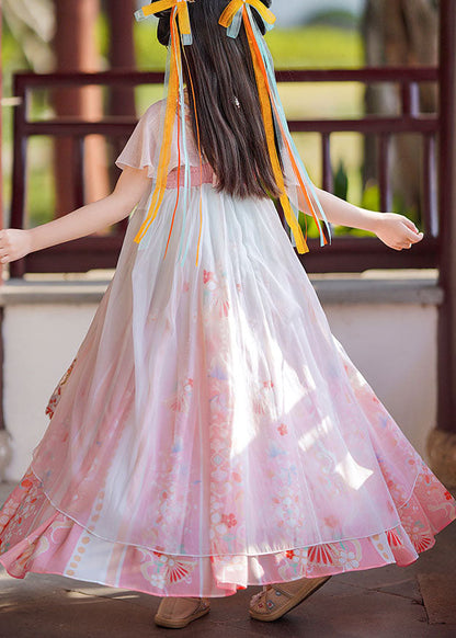 Retro Pink Print Wrinkled Patchwork Chiffon Kids Girls Long Dresses Summer Ada Fashion