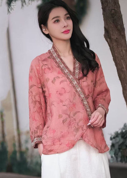 Retro Pink V Neck Embroideried Chinese Button Patchwork Linen Top Spring LY2488 - fabuloryshop