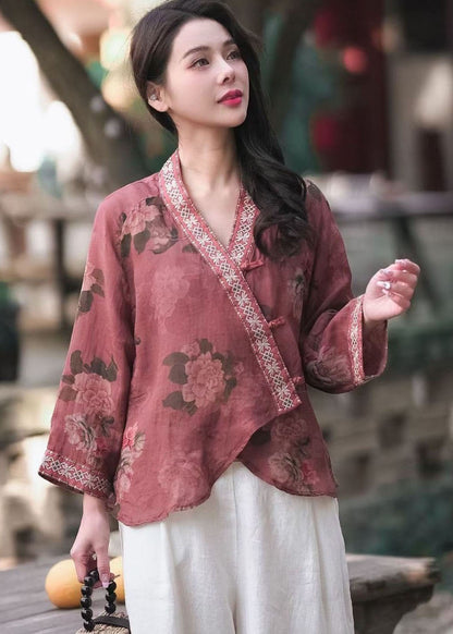 Retro Pink V Neck Embroideried Chinese Button Patchwork Linen Top Spring LY2488 - fabuloryshop