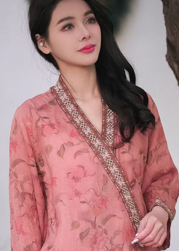 Retro Pink V Neck Embroideried Chinese Button Patchwork Linen Top Spring LY2488 - fabuloryshop
