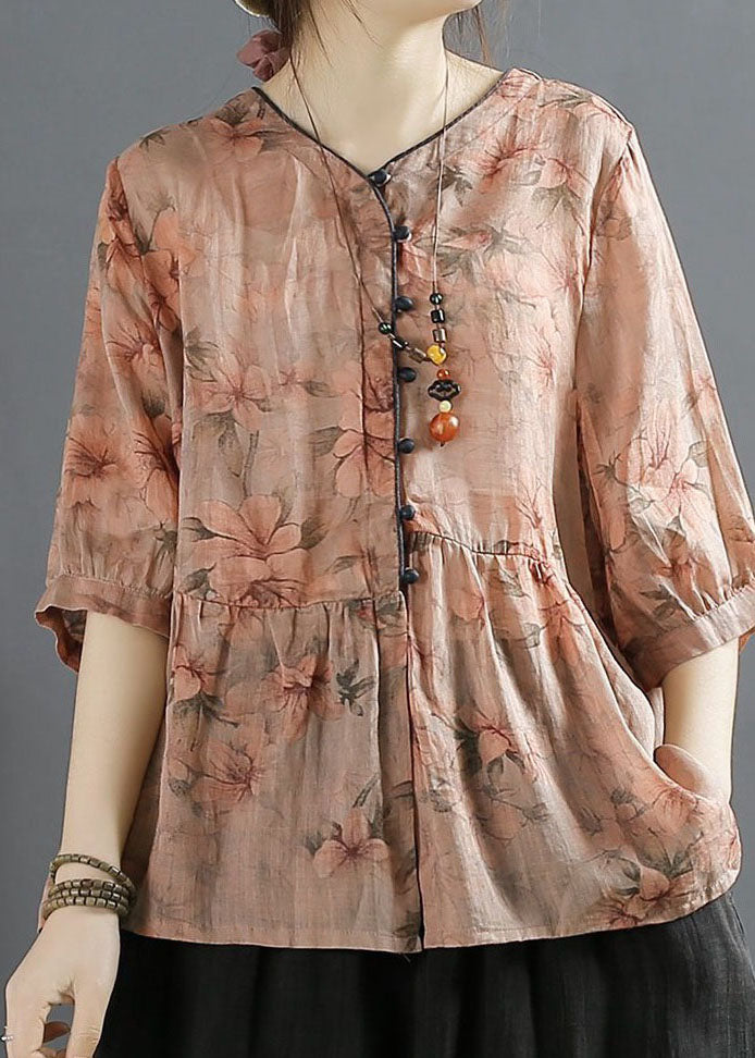 Retro Pink V Neck Print Wrinkled Patchwork Linen Shirt Top Summer LY4118 - fabuloryshop