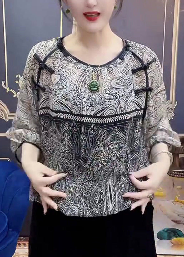 Retro Print O-Neck Chiffon Top Long Sleeve LY0804 - fabuloryshop