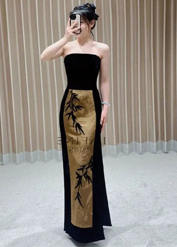 Retro Print Patchwork Slim Side Open Maxi Dresses Summer Ada Fashion