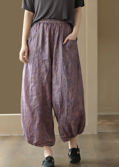 Retro Purple Pockets Print Ramie Crop Pants Summer Ada Fashion