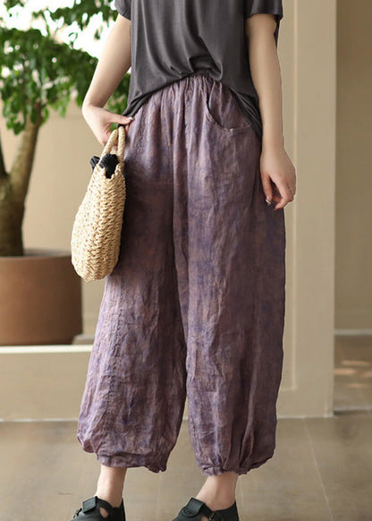 Retro Purple Pockets Print Ramie Crop Pants Summer Ada Fashion