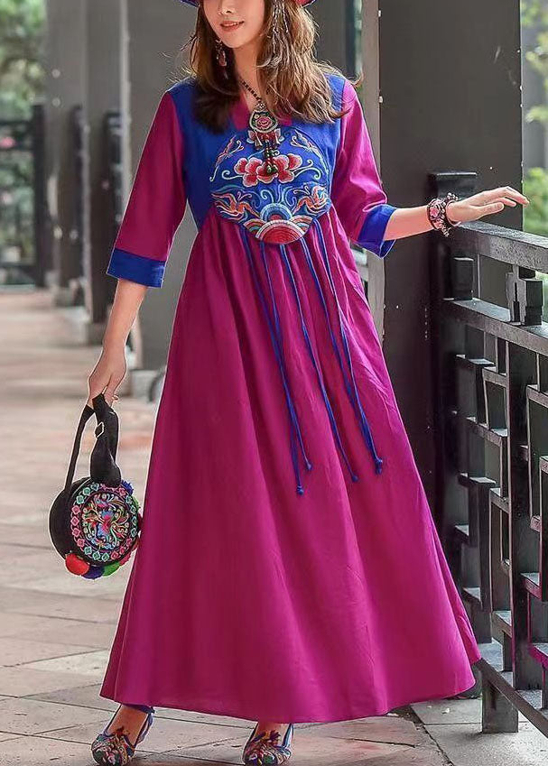 Retro Purple Tasseled Embroideried Patchwork Cotton Long Dresses Spring Ada Fashion