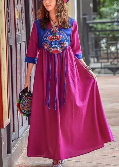 Retro Purple Tasseled Embroideried Patchwork Cotton Long Dresses Spring Ada Fashion