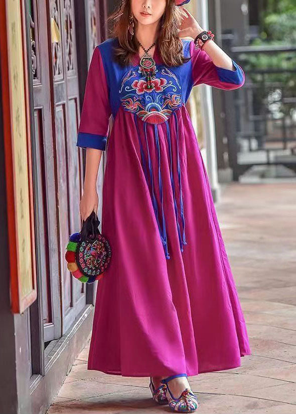 Retro Purple Tasseled Embroideried Patchwork Cotton Long Dresses Spring Ada Fashion